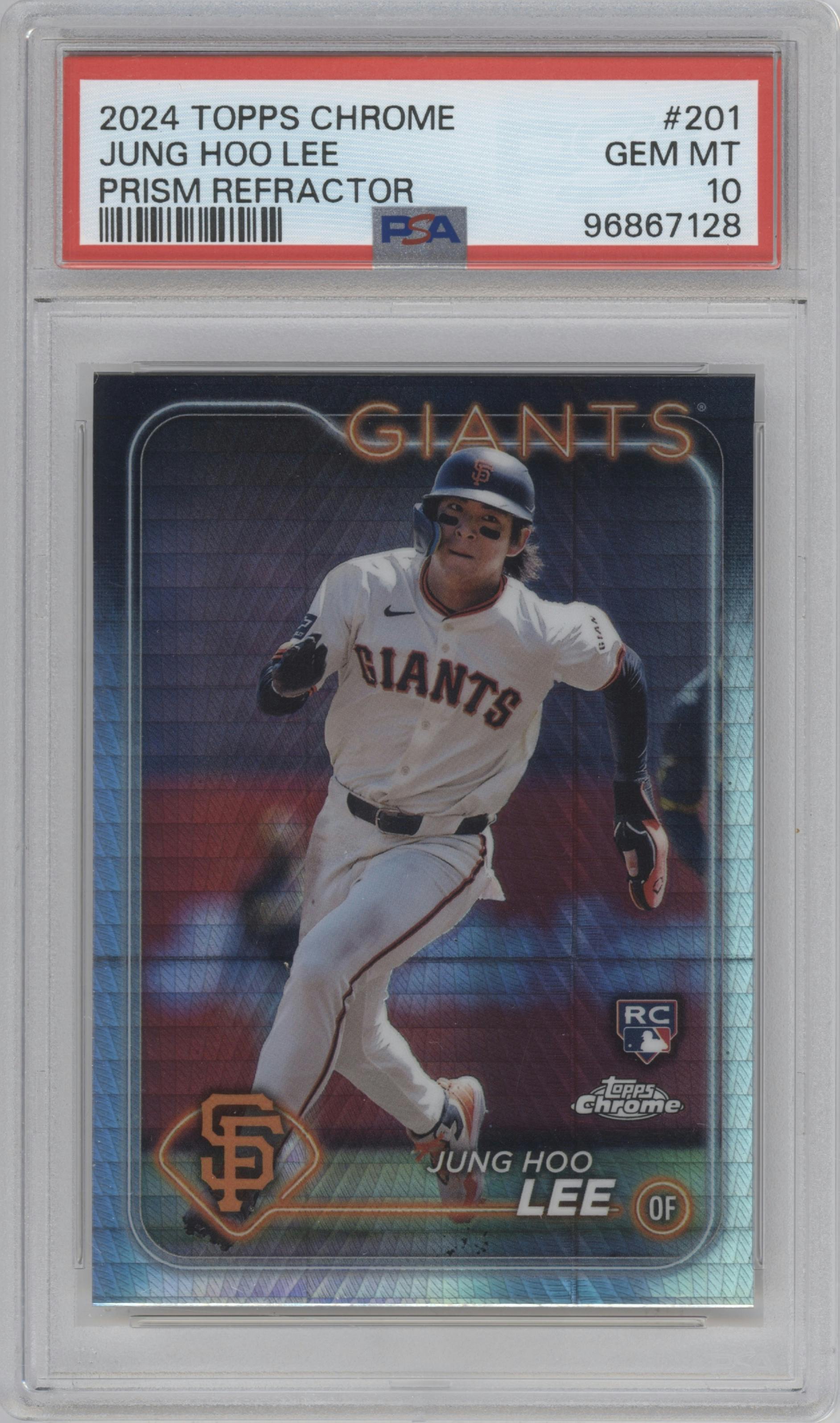 Jung Hoo Lee from the 2024 Topps Chrome set featuring a Prism Refractor parallel graded by PSA and given an overall grade of 10.