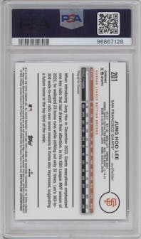 Jung Hoo Lee from the 2024 Topps Chrome set featuring a Prism Refractor parallel graded by PSA and given an overall grade of 10.