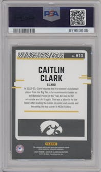 Caitlin Clark from the 2024 Panini Caitlin Clark Collection set featuring a Panini Exclusive parallel graded by PSA and given an overall grade of 9.