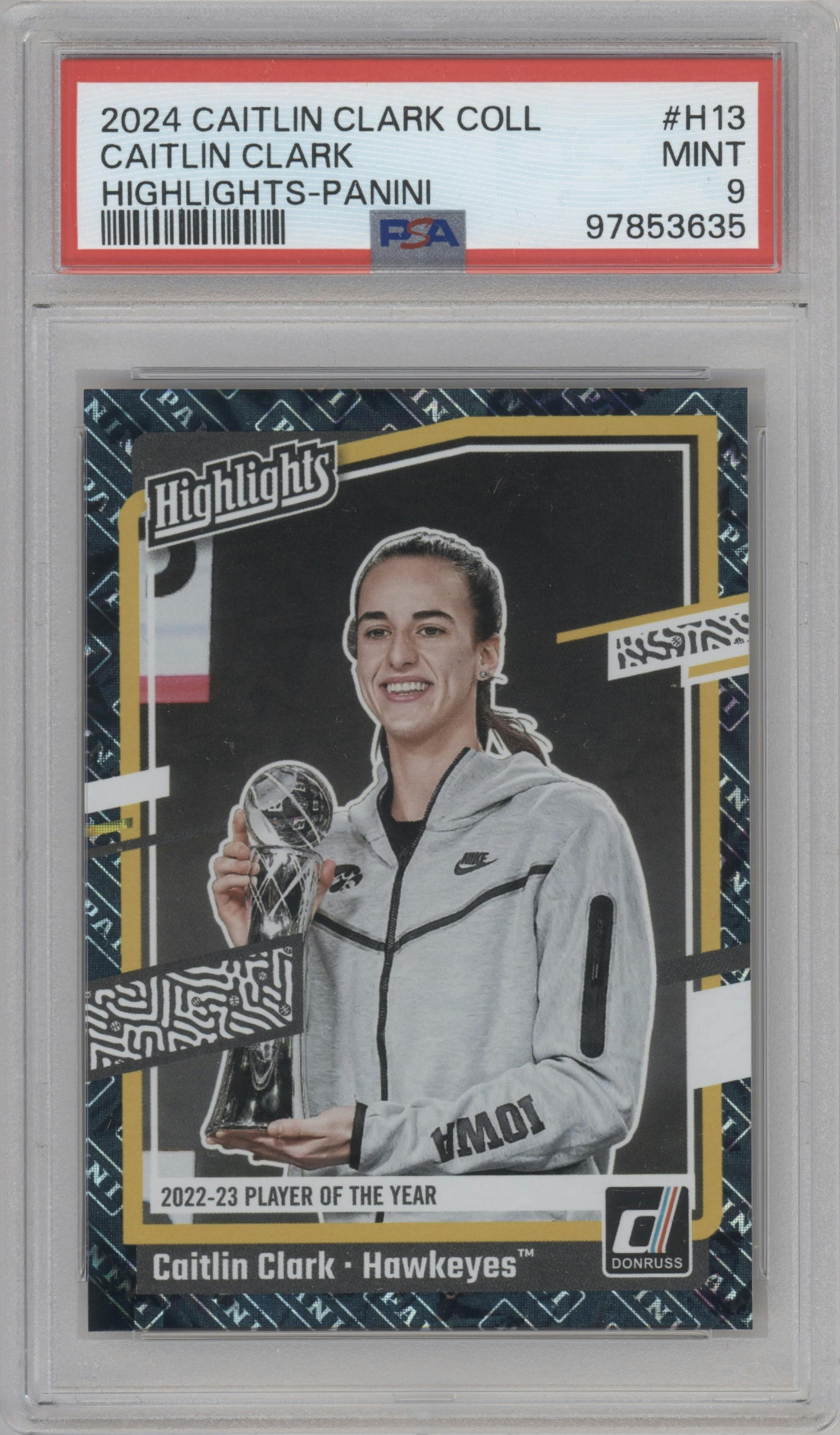 Caitlin Clark from the 2024 Panini Caitlin Clark Collection set featuring a Panini Exclusive parallel graded by PSA and given an overall grade of 9.