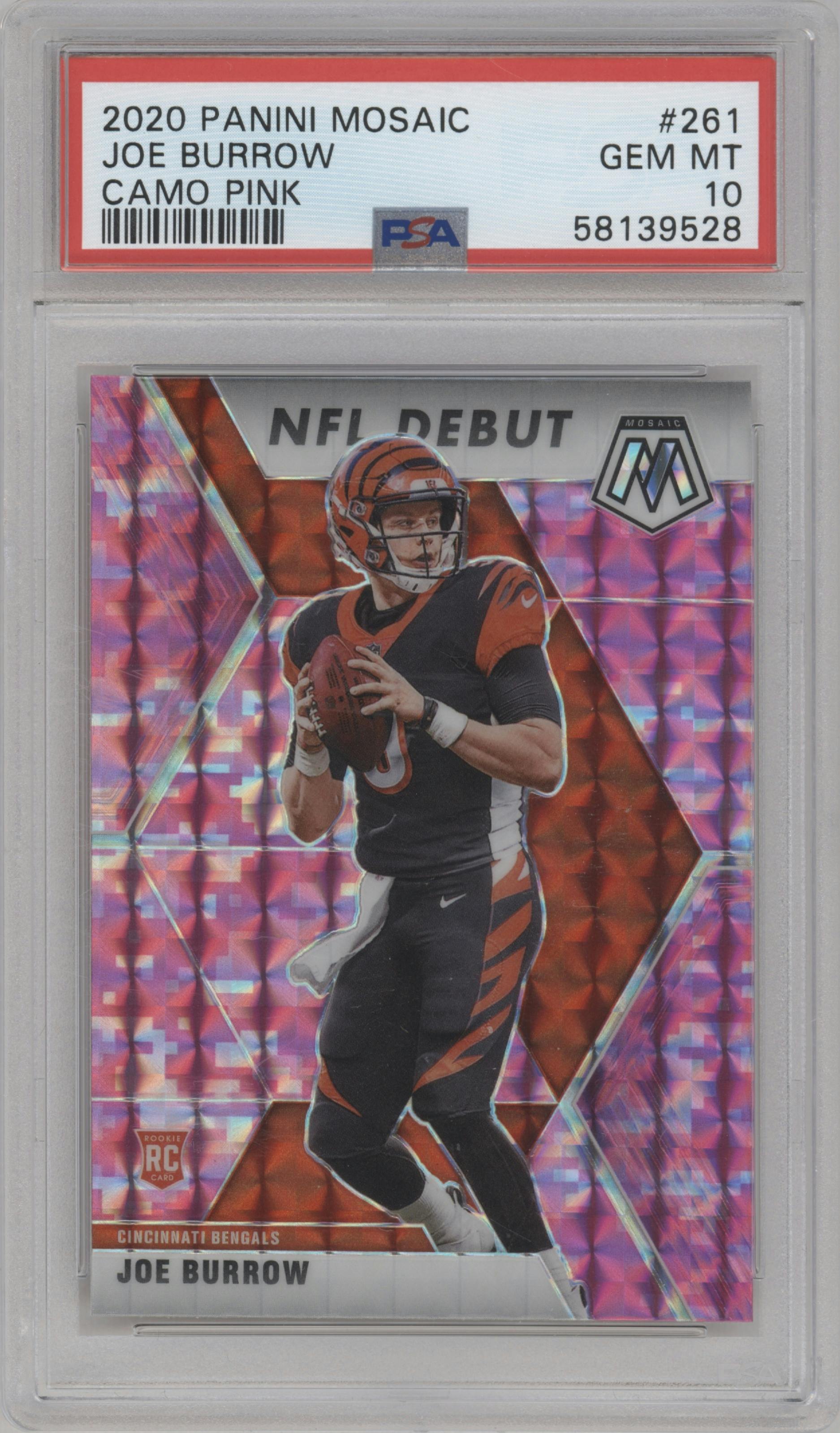 Joe Burrow from the 2020 Panini Mosaic set featuring a Pink Camo parallel graded by PSA and given an overall grade of 10.