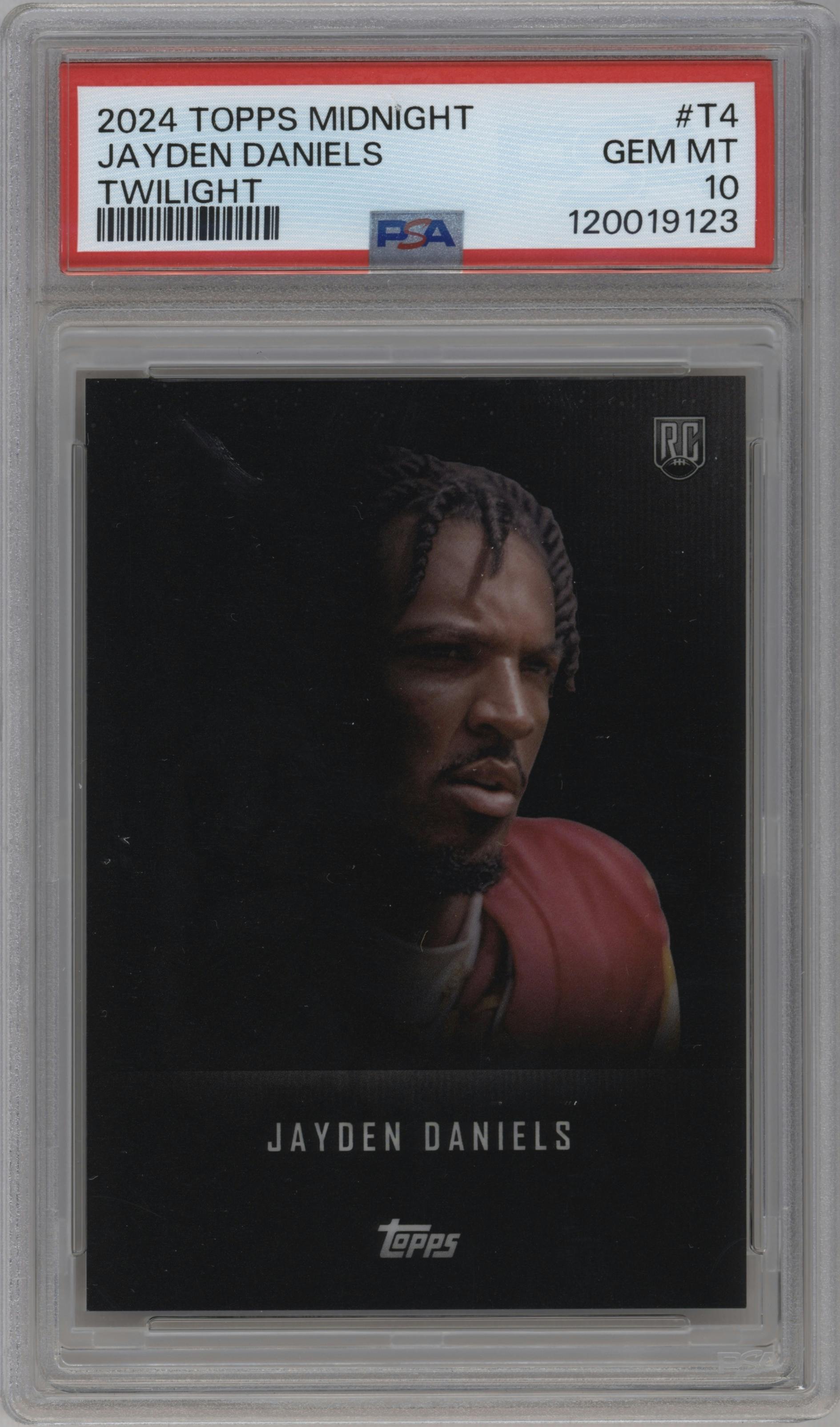 Jayden Daniels from the 2024 Topps Midnight set graded by PSA and given an overall grade of 10.