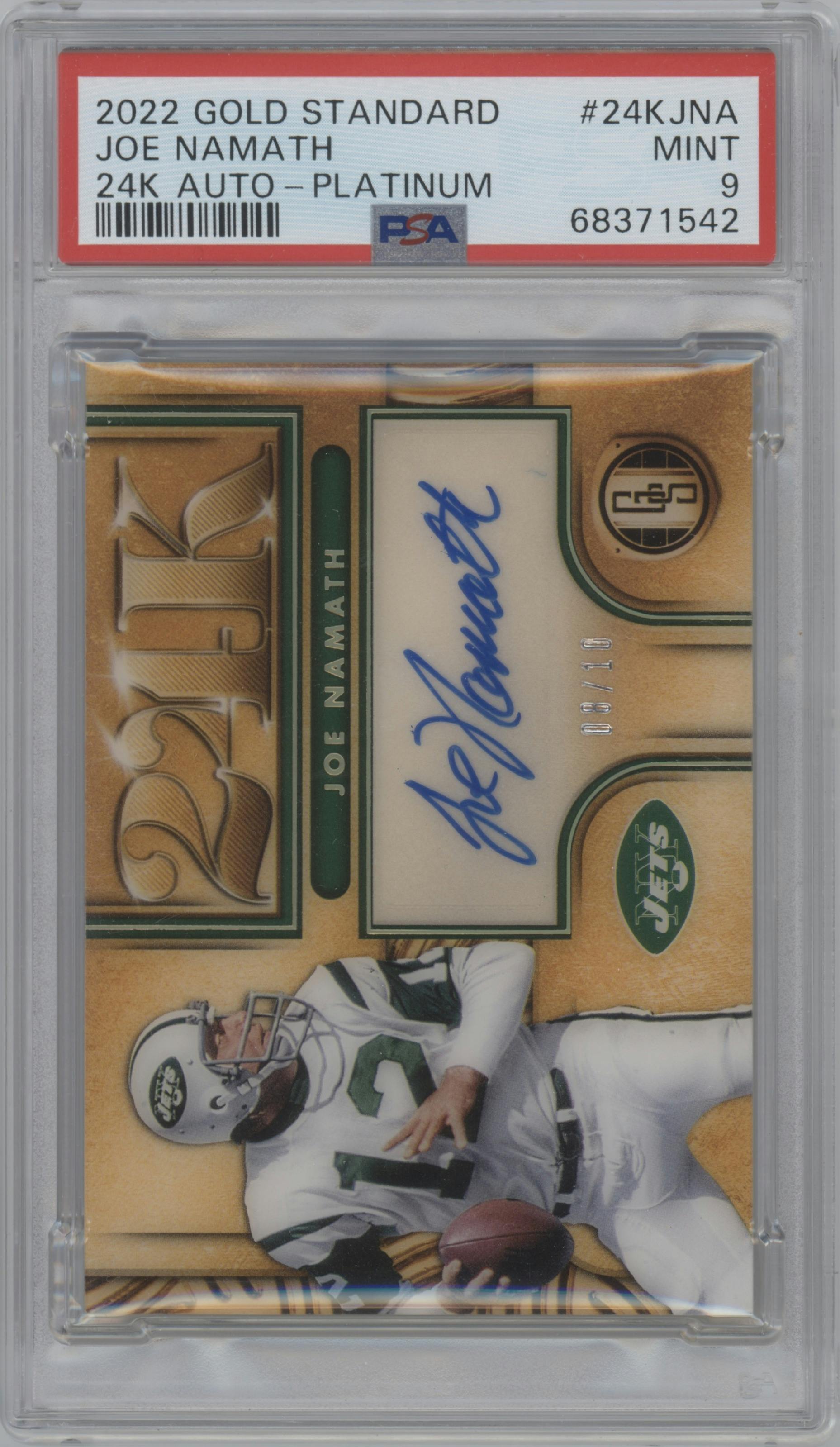 Joe Namath from the 2022 Panini Gold Standard set featuring a Platinum parallel graded by PSA and given an overall grade of 9.