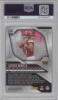 Jayden Daniels from the 2024 Panini Prizm set featuring a Neon Green Pulsar  parallel graded by PSA and given an overall grade of 10.