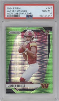 Jayden Daniels from the 2024 Panini Prizm set featuring a Neon Green Pulsar  parallel graded by PSA and given an overall grade of 10.