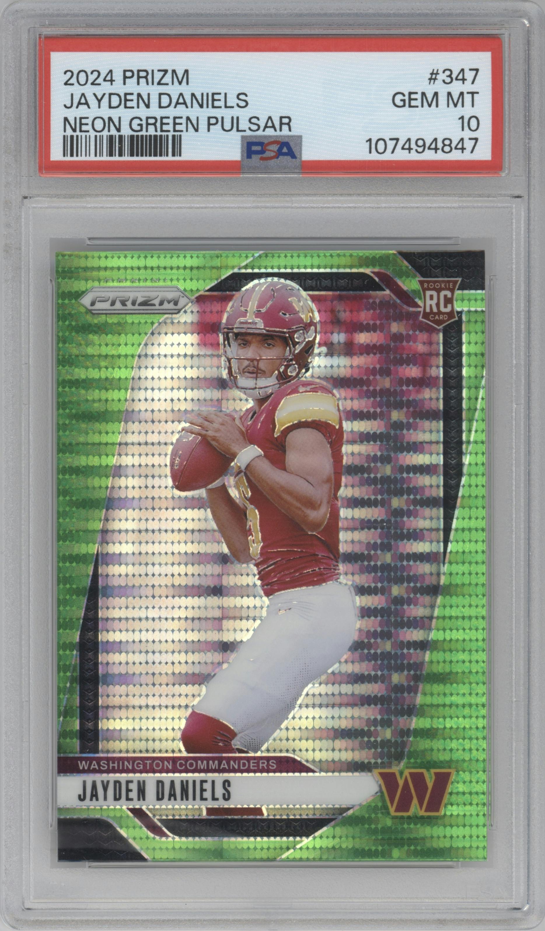 Jayden Daniels from the 2024 Panini Prizm set featuring a Neon Green Pulsar  parallel graded by PSA and given an overall grade of 10.