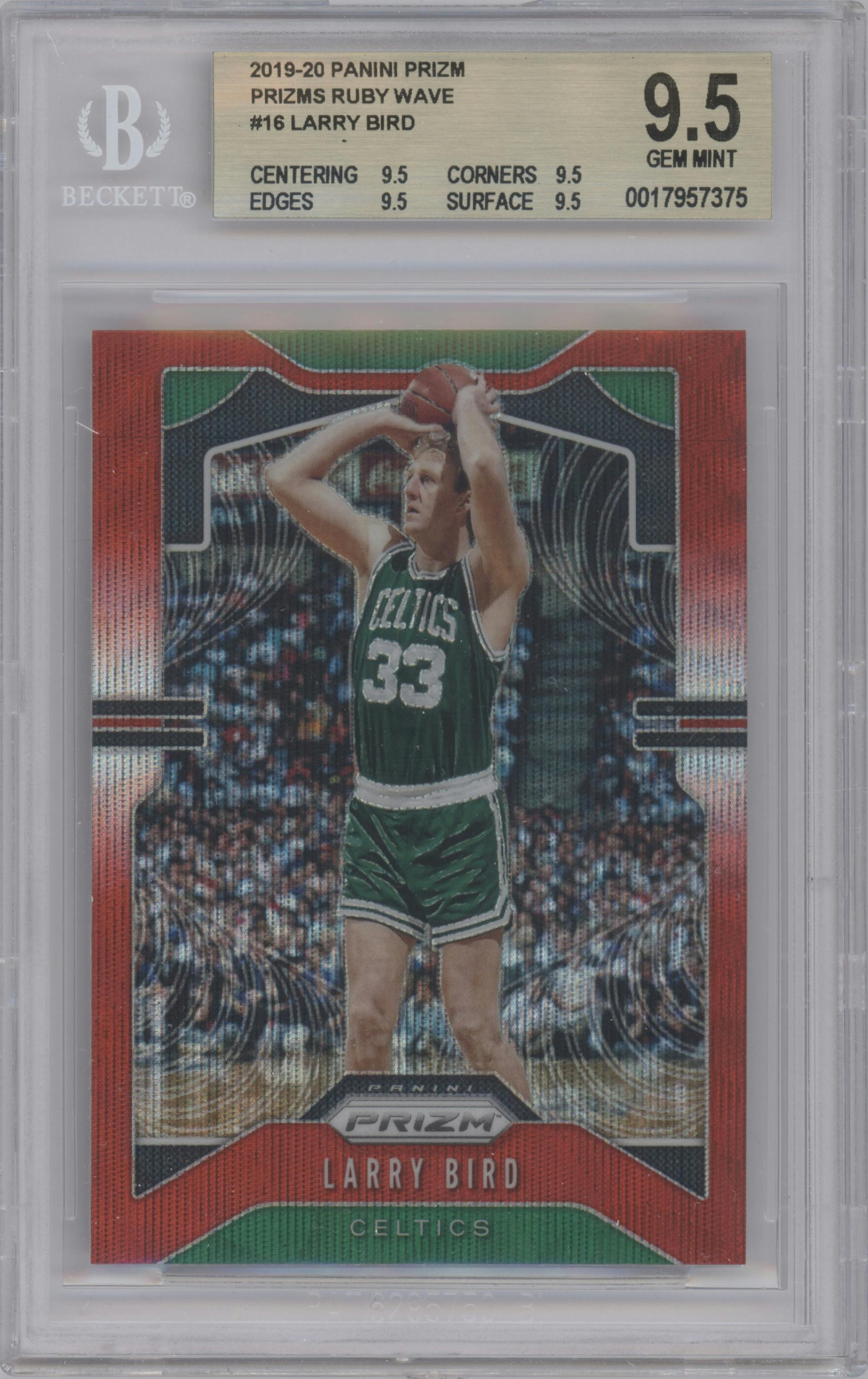 Larry Bird from the 2019-20 Panini Prizm set featuring a Ruby Wave parallel graded by Beckett and given an overall grade of 9.5.
