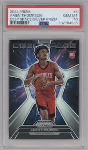Amen Thompson from the 2023-24 Panini Prizm set featuring a Silver Prizm parallel graded by PSA and given an overall grade of 10.