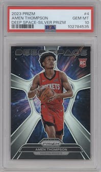 Amen Thompson from the 2023-24 Panini Prizm set featuring a Silver Prizm parallel graded by PSA and given an overall grade of 10.
