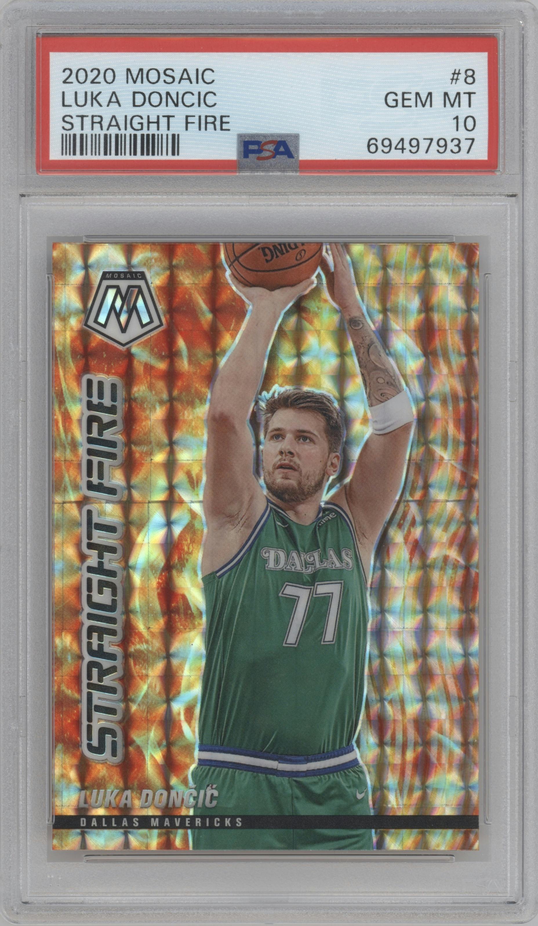 Luka Doncic from the 2020-21 Panini Mosaic set graded by PSA and given an overall grade of 10.