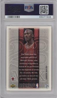 Michael Jordan from the 1999-00 Upper Deck MVP set featuring a Silver Script parallel graded by PSA and given an overall grade of 10.