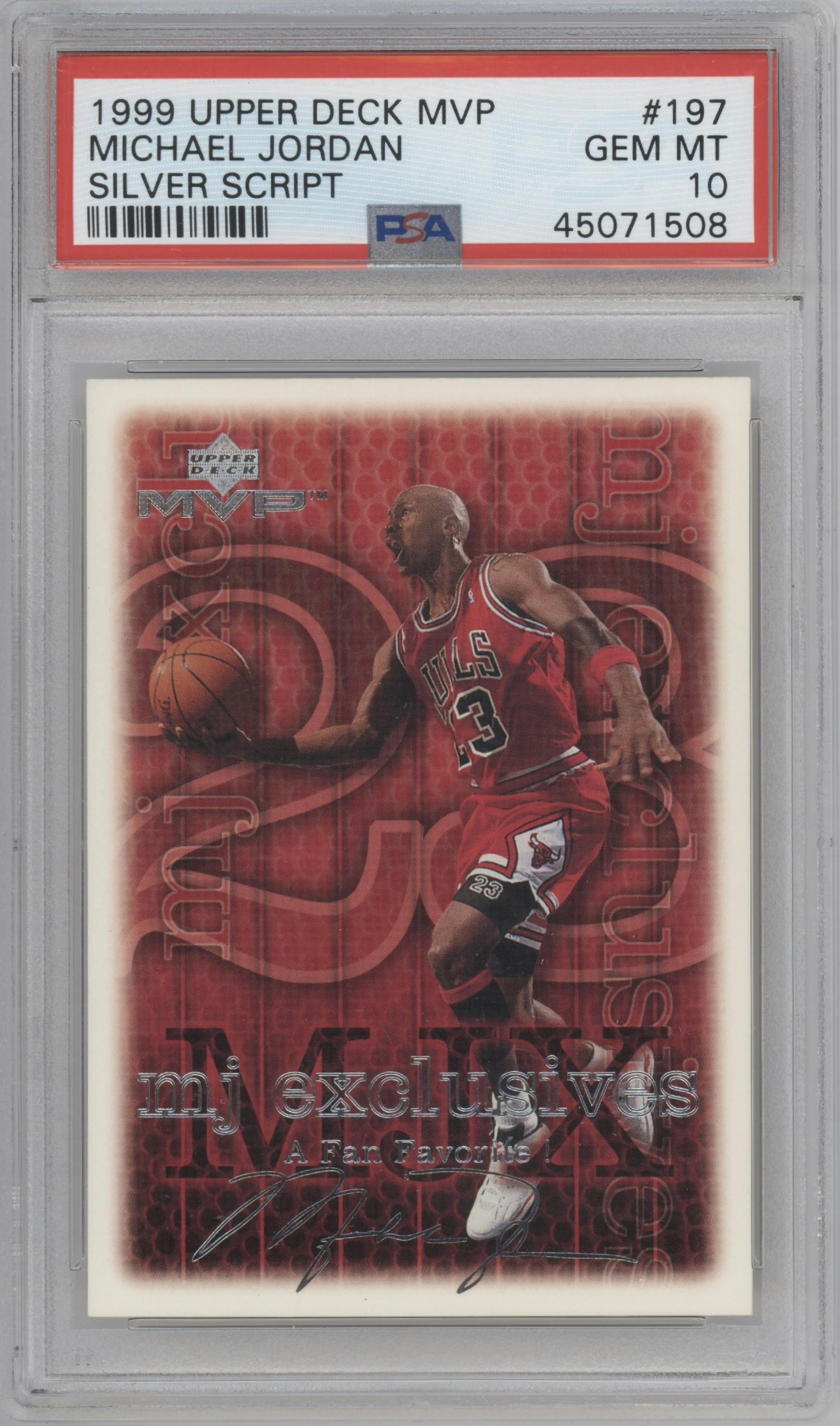 Michael Jordan from the 1999-00 Upper Deck MVP set featuring a Silver Script parallel graded by PSA and given an overall grade of 10.
