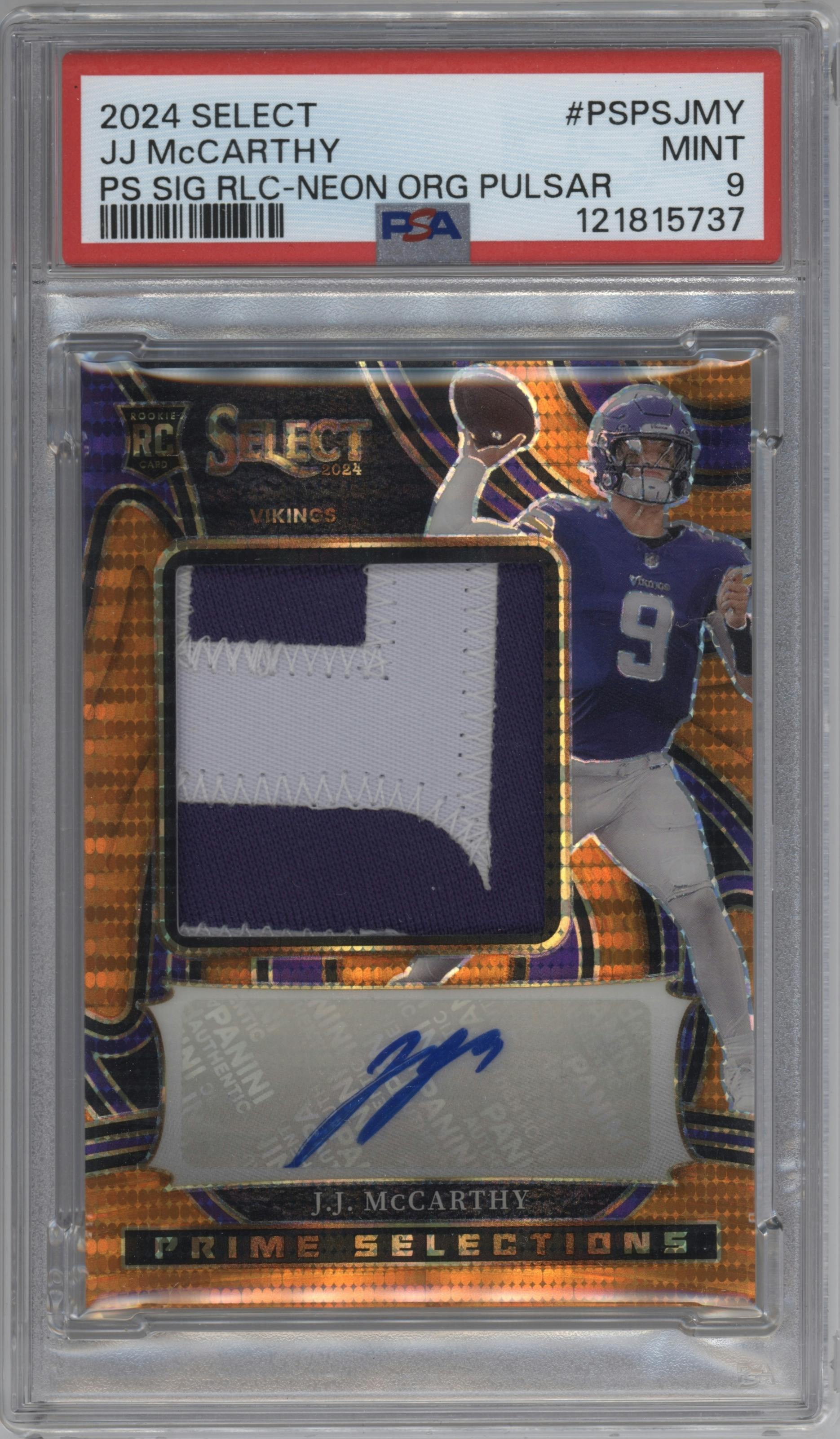J.J. McCarthy from the 2024 Panini Select set featuring a Neon Orange Pulsar parallel graded by PSA and given an overall grade of 9.