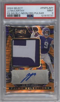 J.J. McCarthy from the 2024 Panini Select set featuring a Neon Orange Pulsar parallel graded by PSA and given an overall grade of 9.
