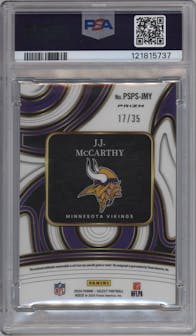 J.J. McCarthy from the 2024 Panini Select set featuring a Neon Orange Pulsar parallel graded by PSA and given an overall grade of 9.
