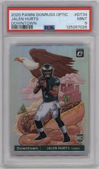 Jalen Hurts from the 2020 Panini Donruss Optic set graded by PSA and given an overall grade of 9.