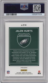 Jalen Hurts from the 2020 Panini Donruss Optic set graded by PSA and given an overall grade of 9.