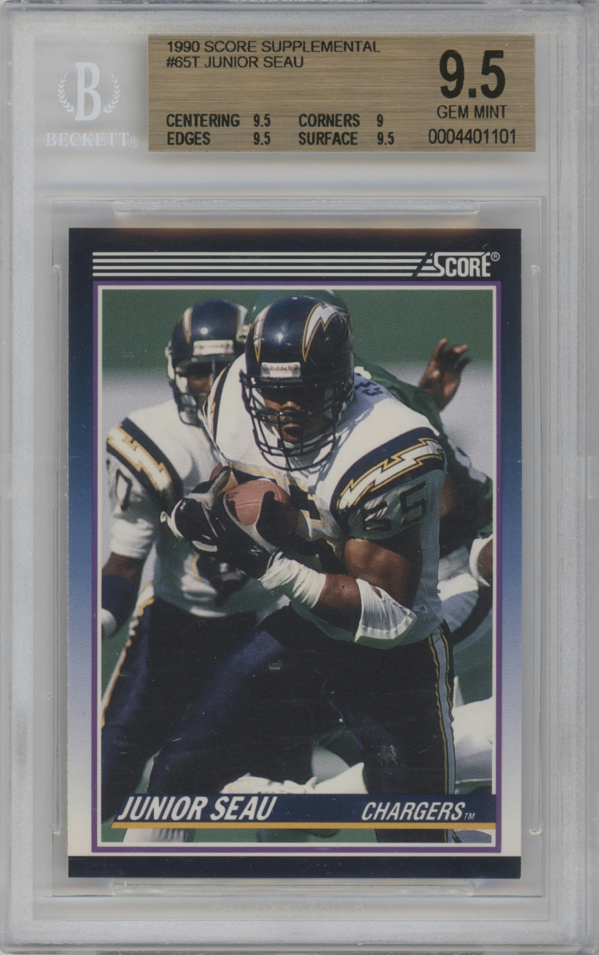 Junior Seau  from the 1990 Score set graded by Beckett and given an overall grade of 9.5.