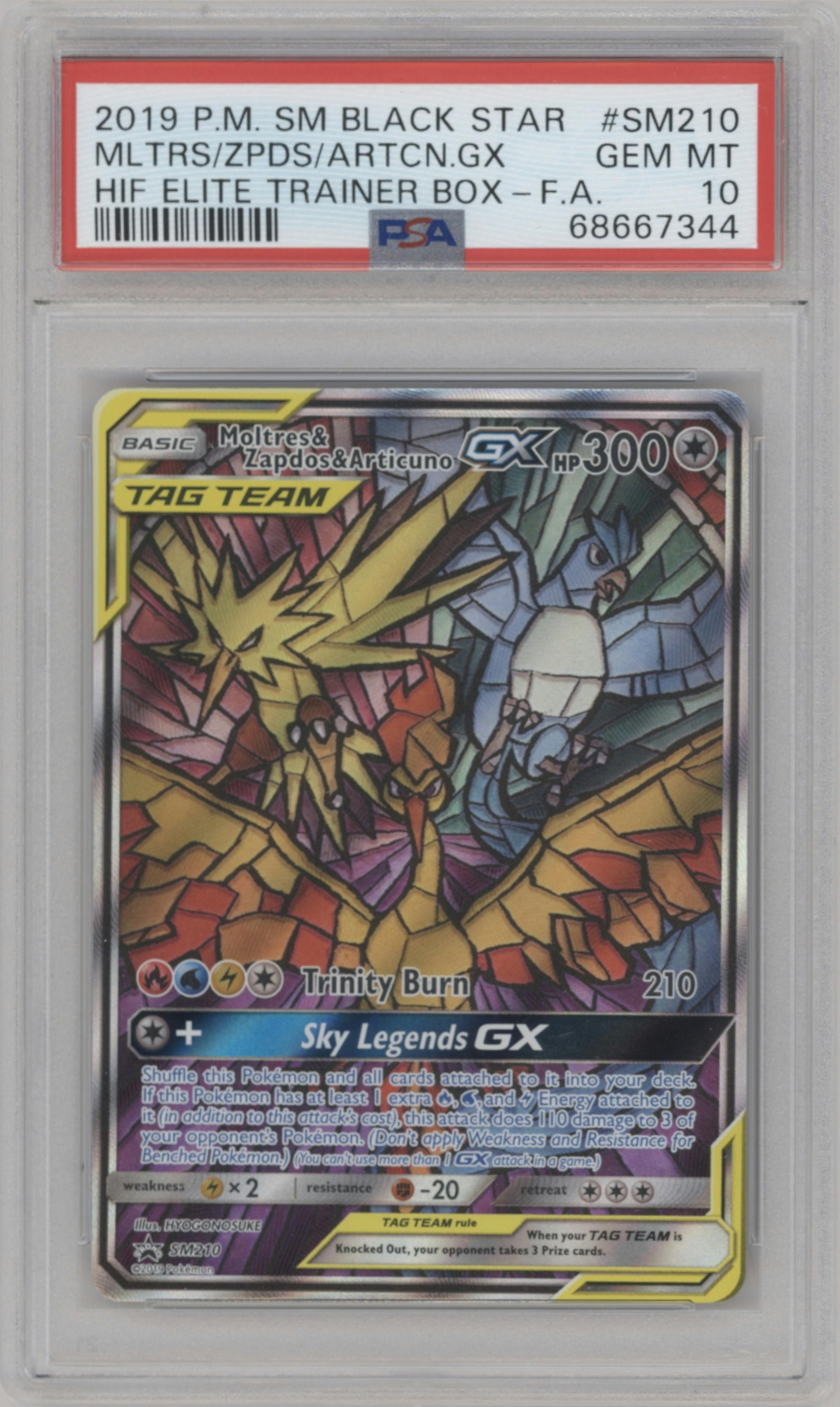 Moltres/Zapdos/Articuno GX from the 2019 Pokemon S&M  set featuring a Hidden Fates Elite Trainer Box parallel graded by PSA and given an overall grade of 10.