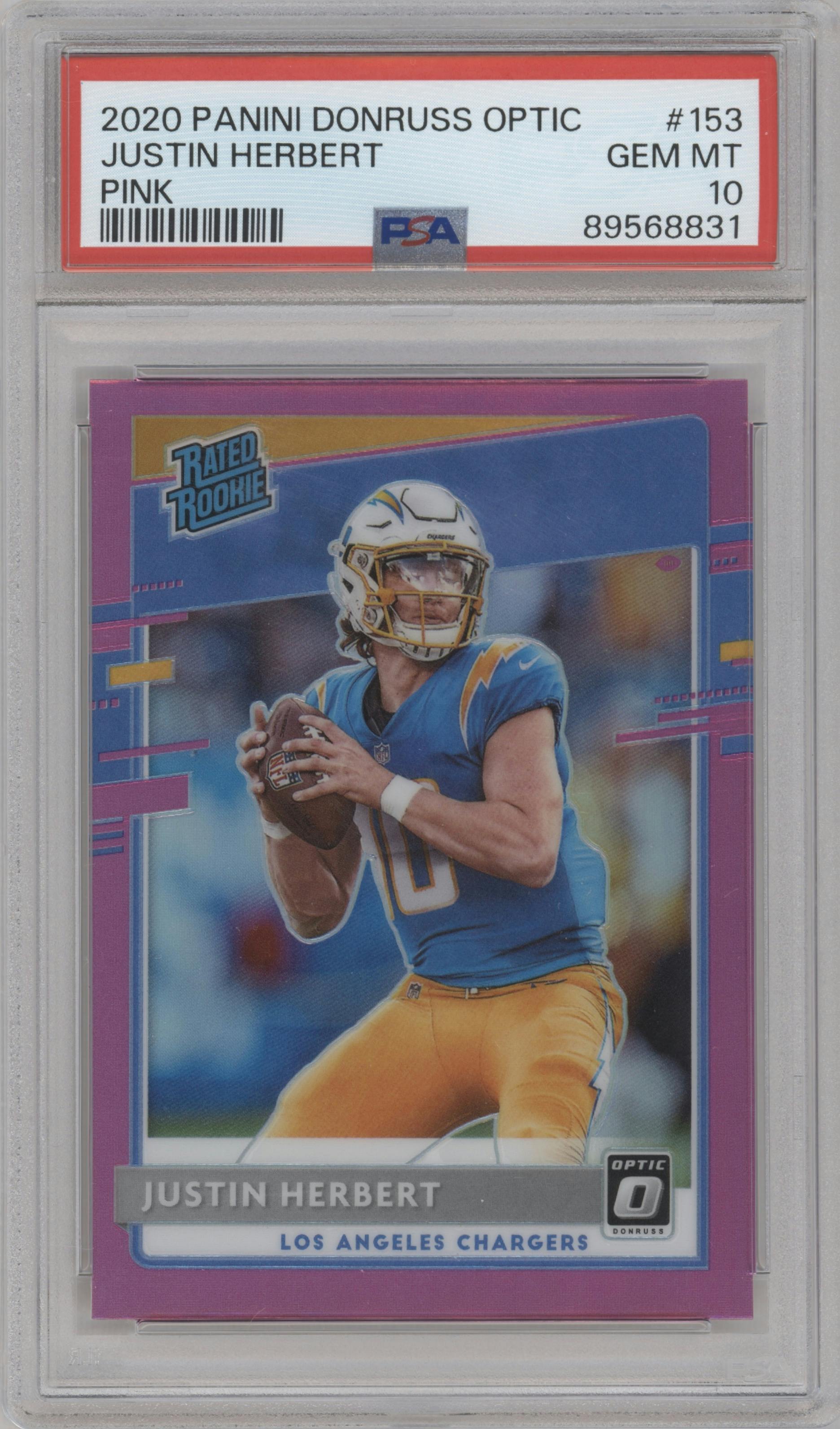 Justin Herbert from the 2020 Panini Donruss Optic set featuring a Pink parallel graded by PSA and given an overall grade of 10.