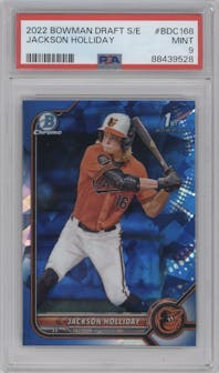 Jackson Holliday from the 2022 Bowman Draft Sapphire Edition set graded by PSA and given an overall grade of 9.