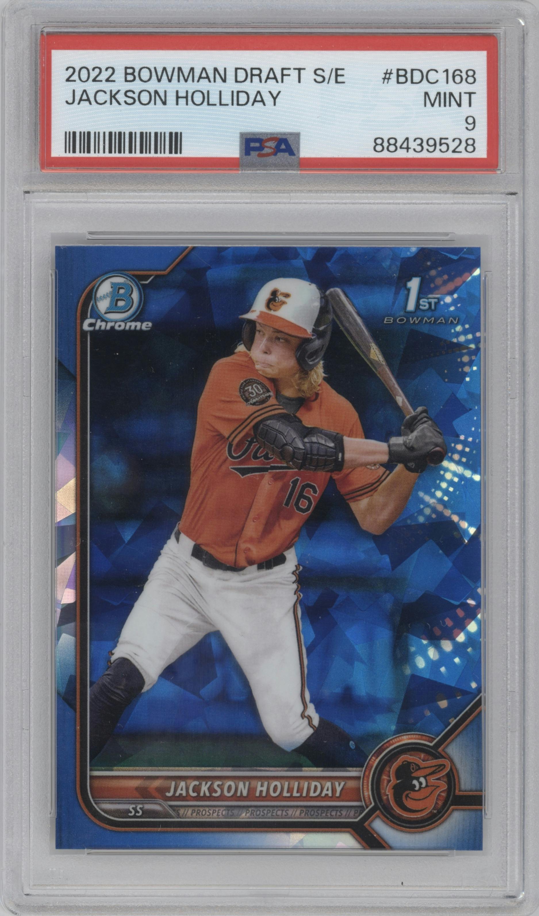 Jackson Holliday from the 2022 Bowman Draft Sapphire Edition set graded by PSA and given an overall grade of 9.