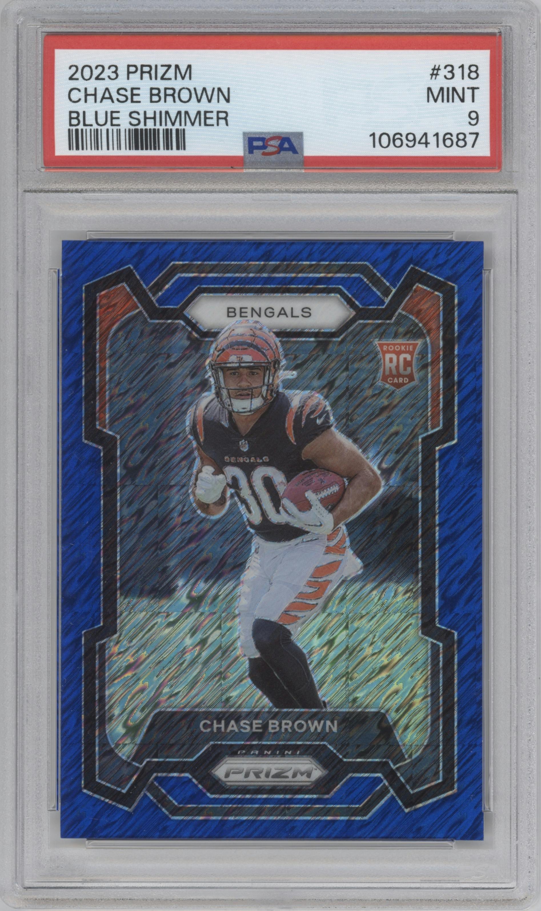 Chase Brown from the 2023 Panini Prizm set featuring a Blue Shimmer parallel graded by PSA and given an overall grade of 9.
