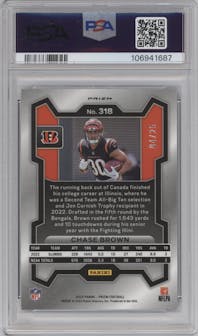 Chase Brown from the 2023 Panini Prizm set featuring a Blue Shimmer parallel graded by PSA and given an overall grade of 9.