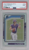 J.J. McCarthy from the 2024 Donruss Optic set featuring a Holo parallel graded by PSA and given an overall grade of 9.