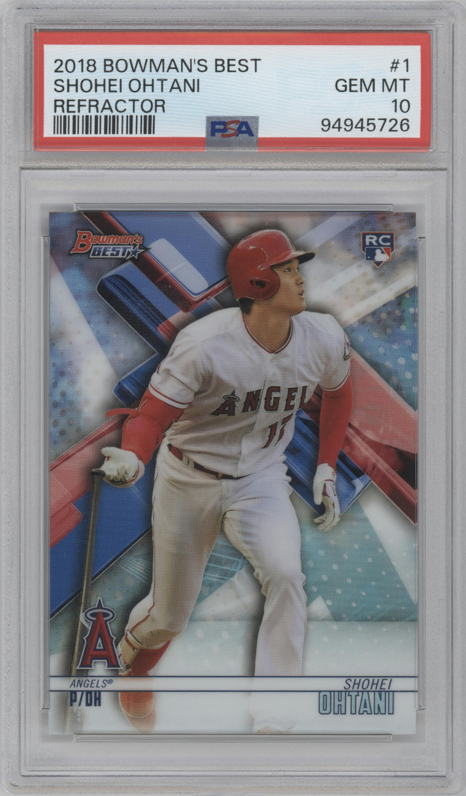Shohei Ohtani from the 2018 Bowman’s Best set featuring a Refractor parallel graded by PSA and given an overall grade of 10.