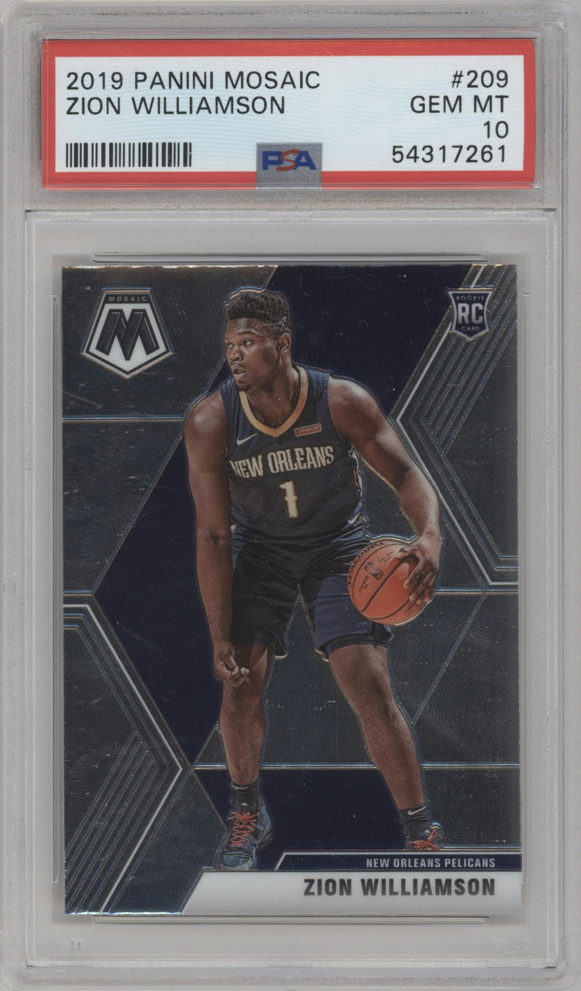 Zion Williamson  from the 2019-20 Panini Mosaic  set graded by PSA and given an overall grade of 10.