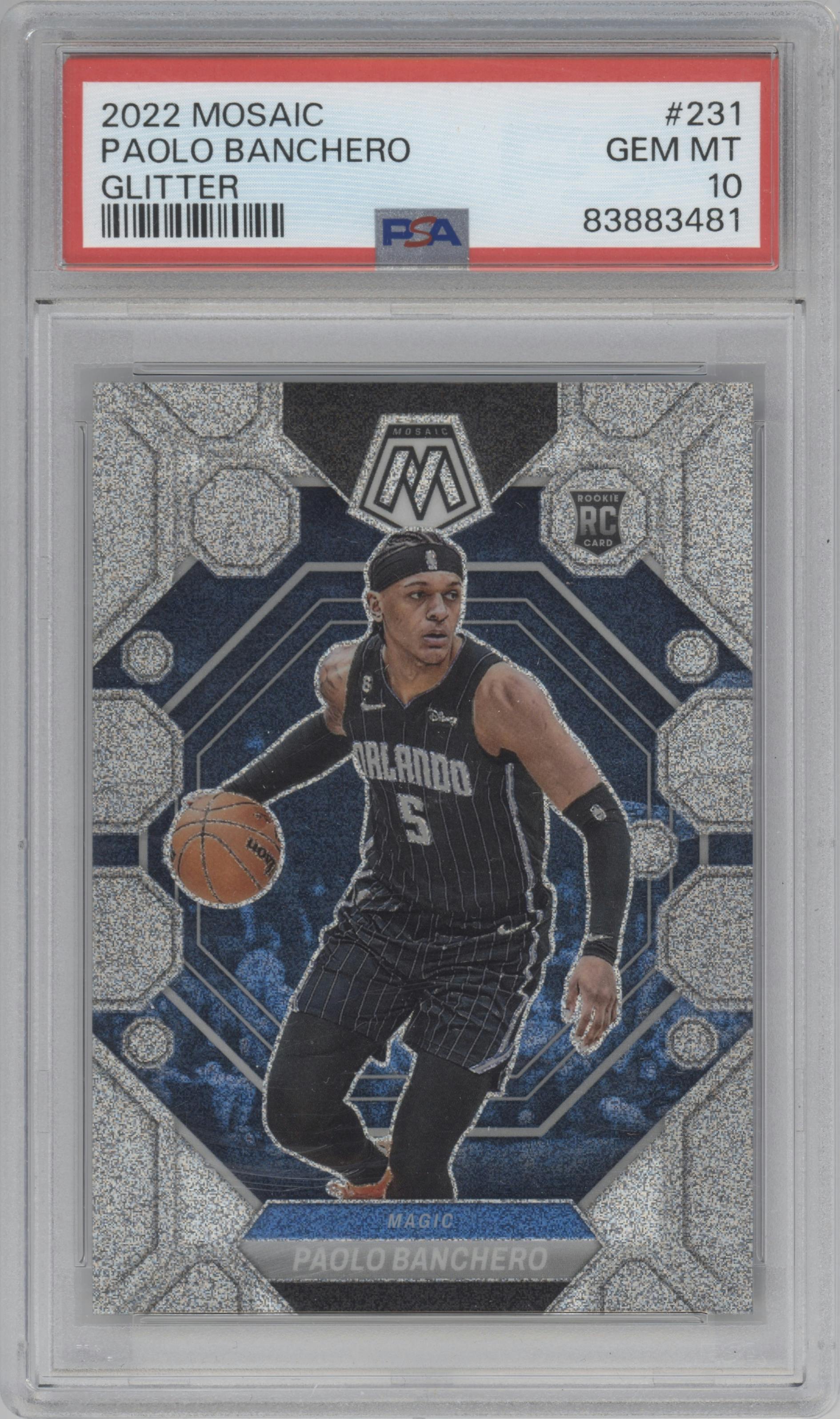 Paolo Banchero from the 2022-23 Panini Mosaic set featuring a Glitter Mosaic parallel graded by PSA and given an overall grade of 10.
