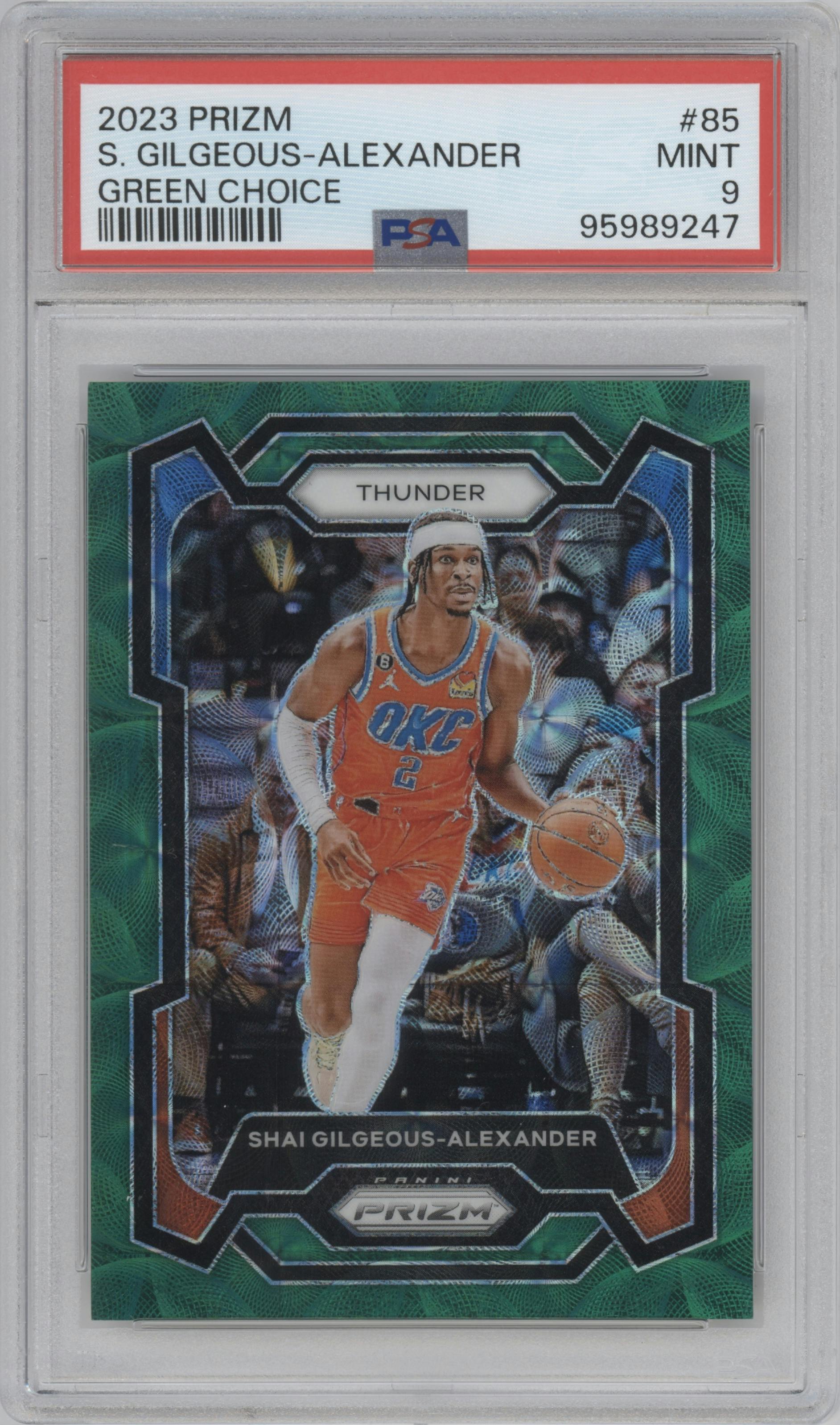 Shai Gilgeous-Alexander from the 2023-24 Panini Prizm set featuring a Choice Green parallel graded by PSA and given an overall grade of 9.