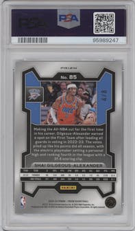 Shai Gilgeous-Alexander from the 2023-24 Panini Prizm set featuring a Choice Green parallel graded by PSA and given an overall grade of 9.