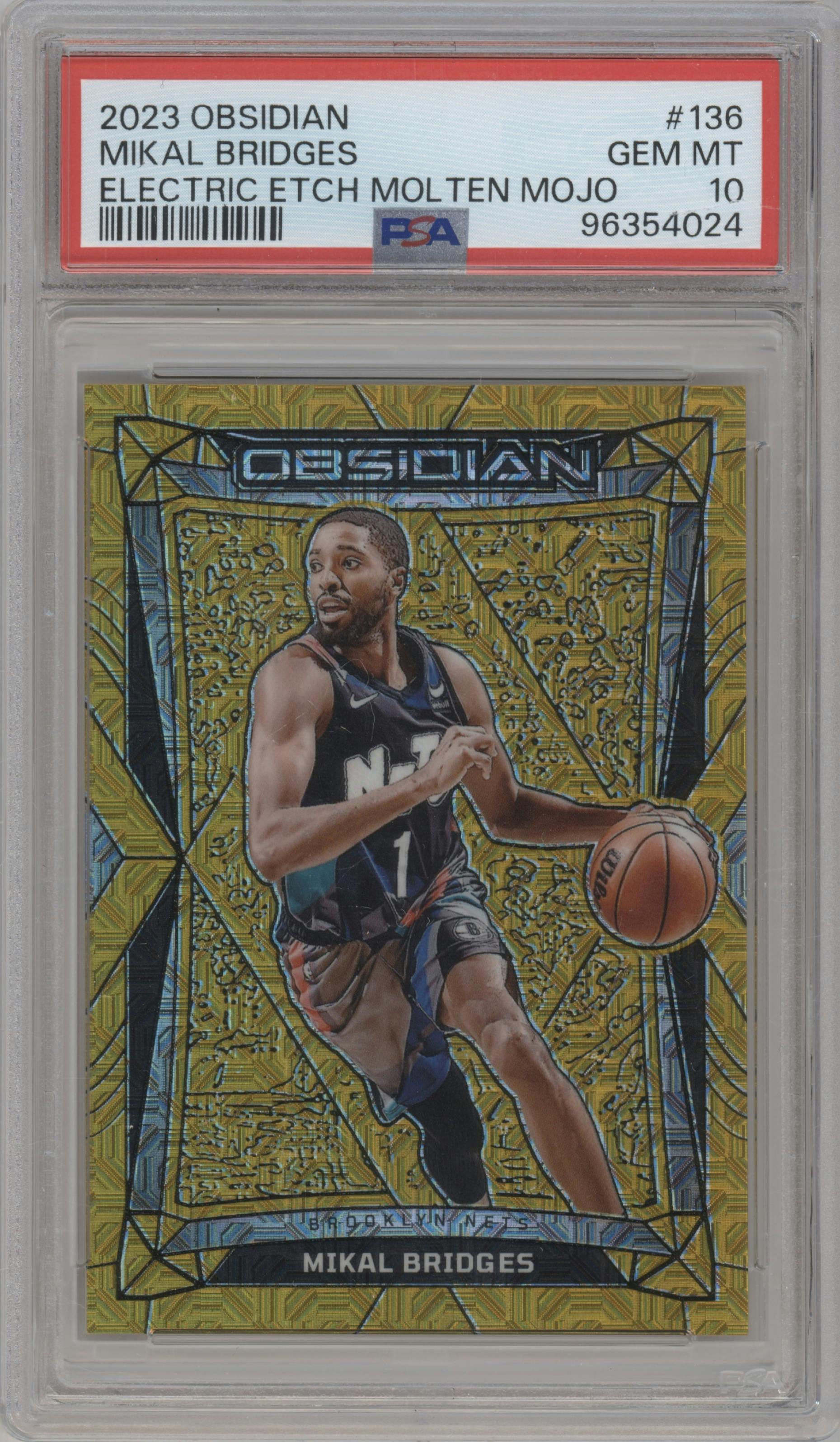 Mikal Bridges from the 2023-24 Panini Obsidian set featuring a Electric Etch Gold Flood parallel graded by PSA and given an overall grade of 10.