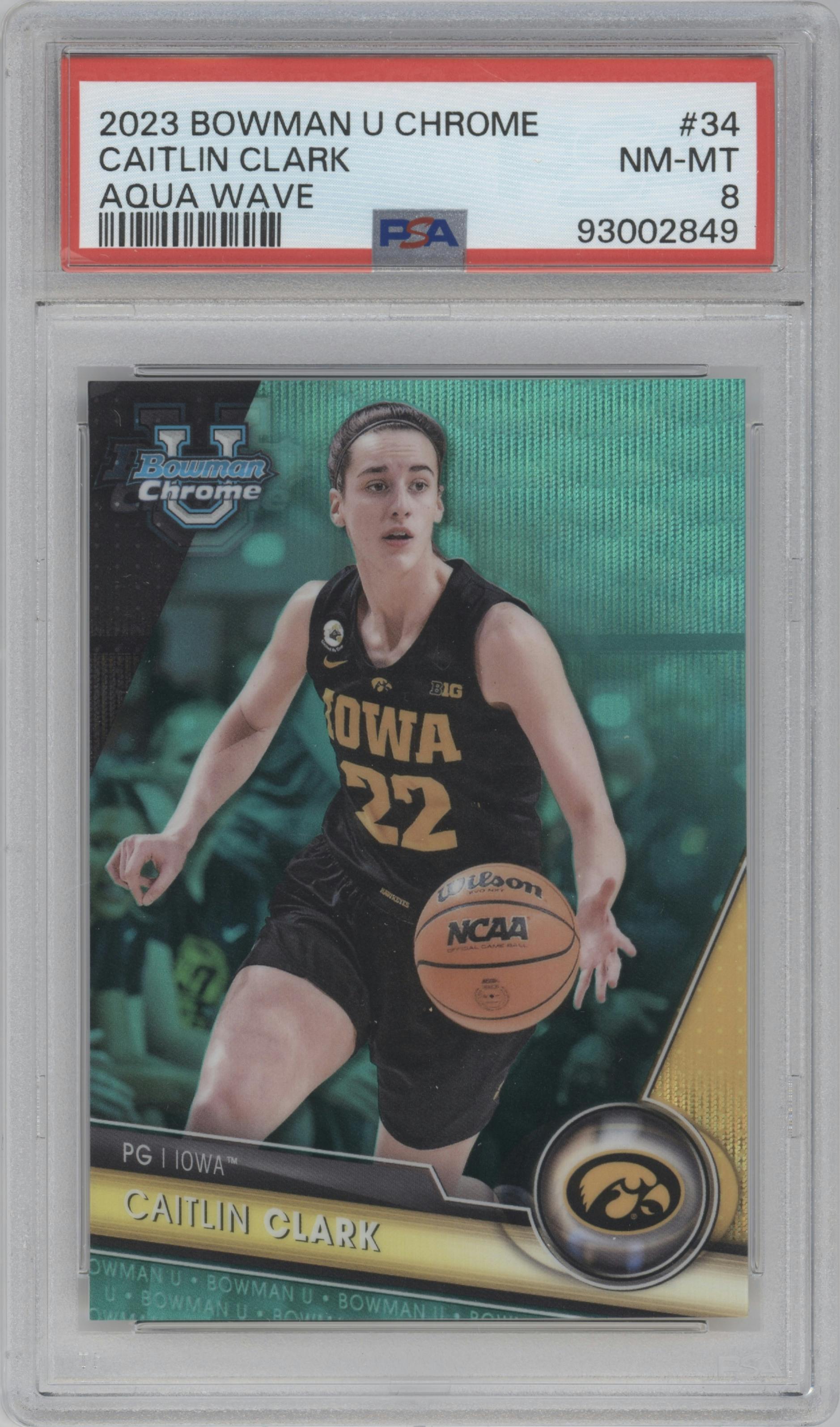 Caitlin Clark from the 2023-24 Bowman U Chrome set featuring a Aqua Wave parallel graded by PSA and given an overall grade of 8.