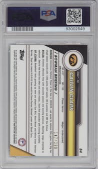 Caitlin Clark from the 2023-24 Bowman U Chrome set featuring a Aqua Wave parallel graded by PSA and given an overall grade of 8.