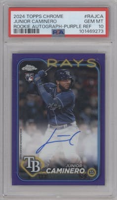 Junior Caminero from the 2024 Topps Chrome set featuring a Purple Refractor parallel graded by PSA and given an overall grade of 10.