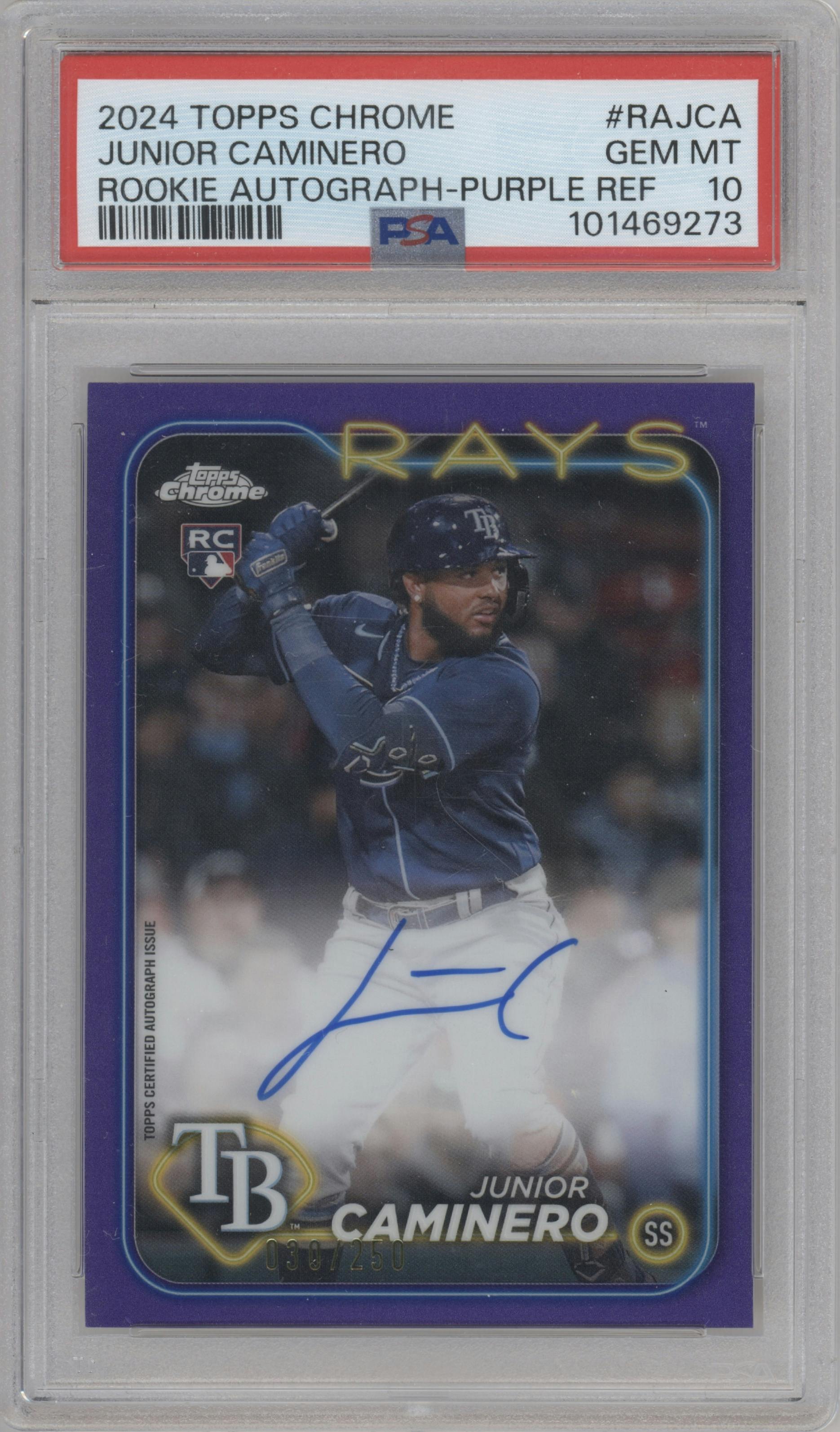 Junior Caminero from the 2024 Topps Chrome set featuring a Purple Refractor parallel graded by PSA and given an overall grade of 10.