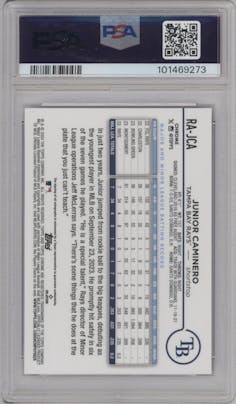 Junior Caminero from the 2024 Topps Chrome set featuring a Purple Refractor parallel graded by PSA and given an overall grade of 10.