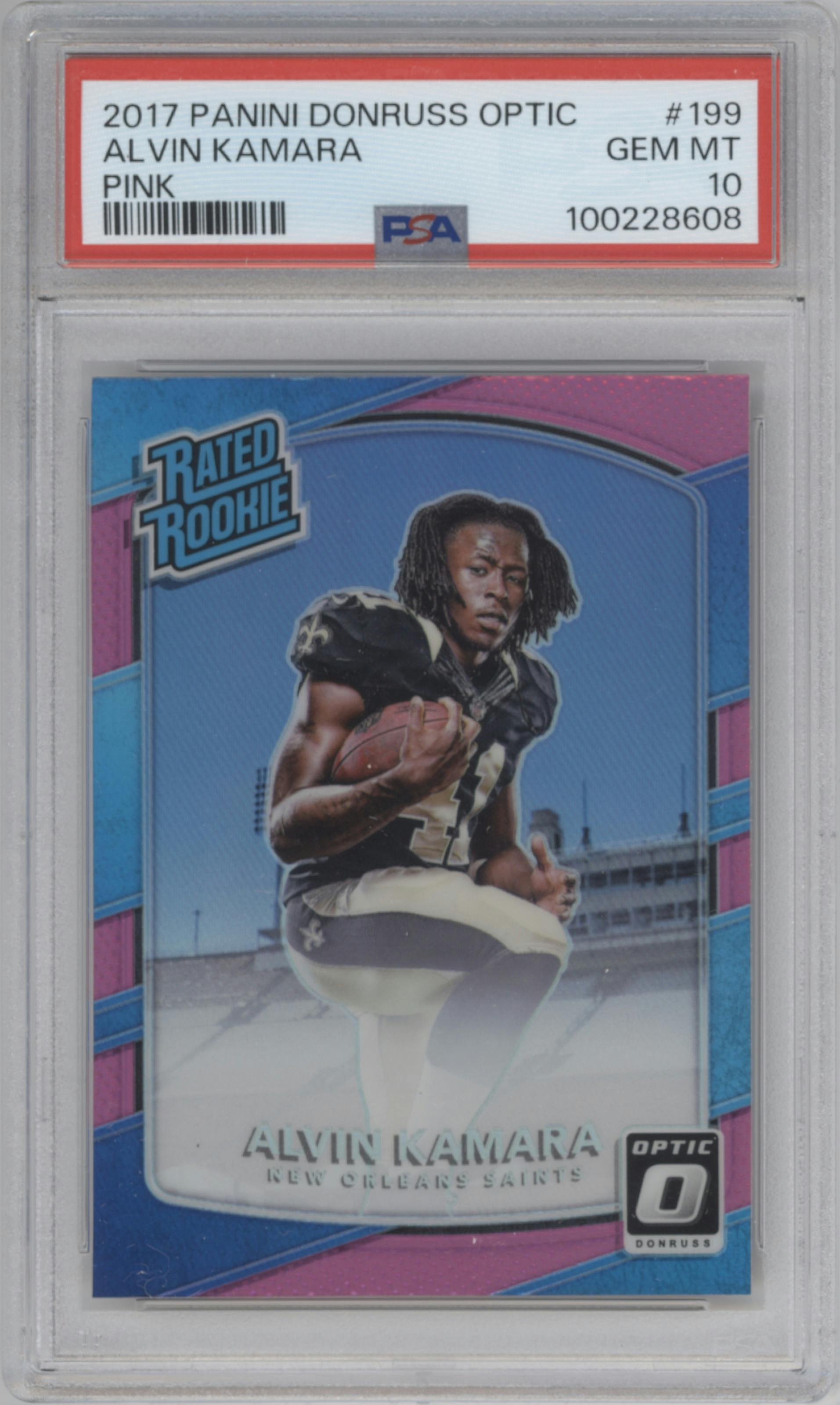 Alvin Kamara from the 2017 Panini Donruss Optic set featuring a Pink parallel graded by PSA and given an overall grade of 10.