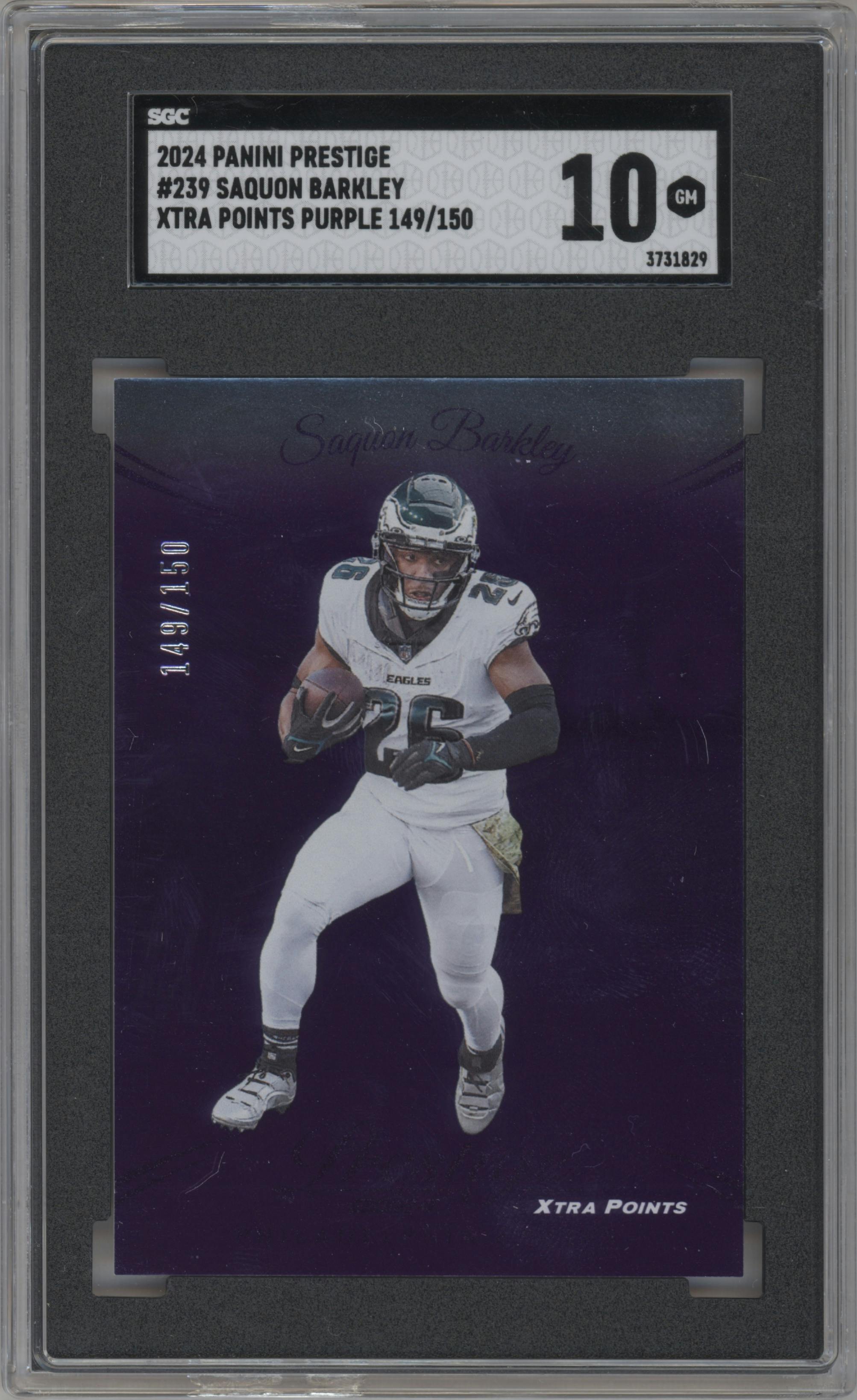 Saquon Barkley from the 2024 Panini Prestige  set featuring a Purple Xtra Points parallel graded by SGC and given an overall grade of 10.