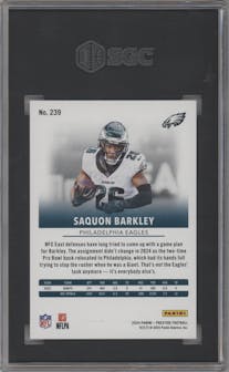 Saquon Barkley from the 2024 Panini Prestige  set featuring a Purple Xtra Points parallel graded by SGC and given an overall grade of 10.