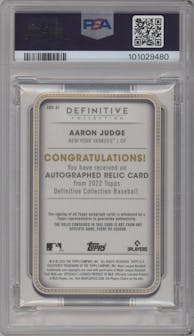 Aaron Judge from the 2022 Topps Definitive Collection set graded by PSA and given an overall grade of 10.
