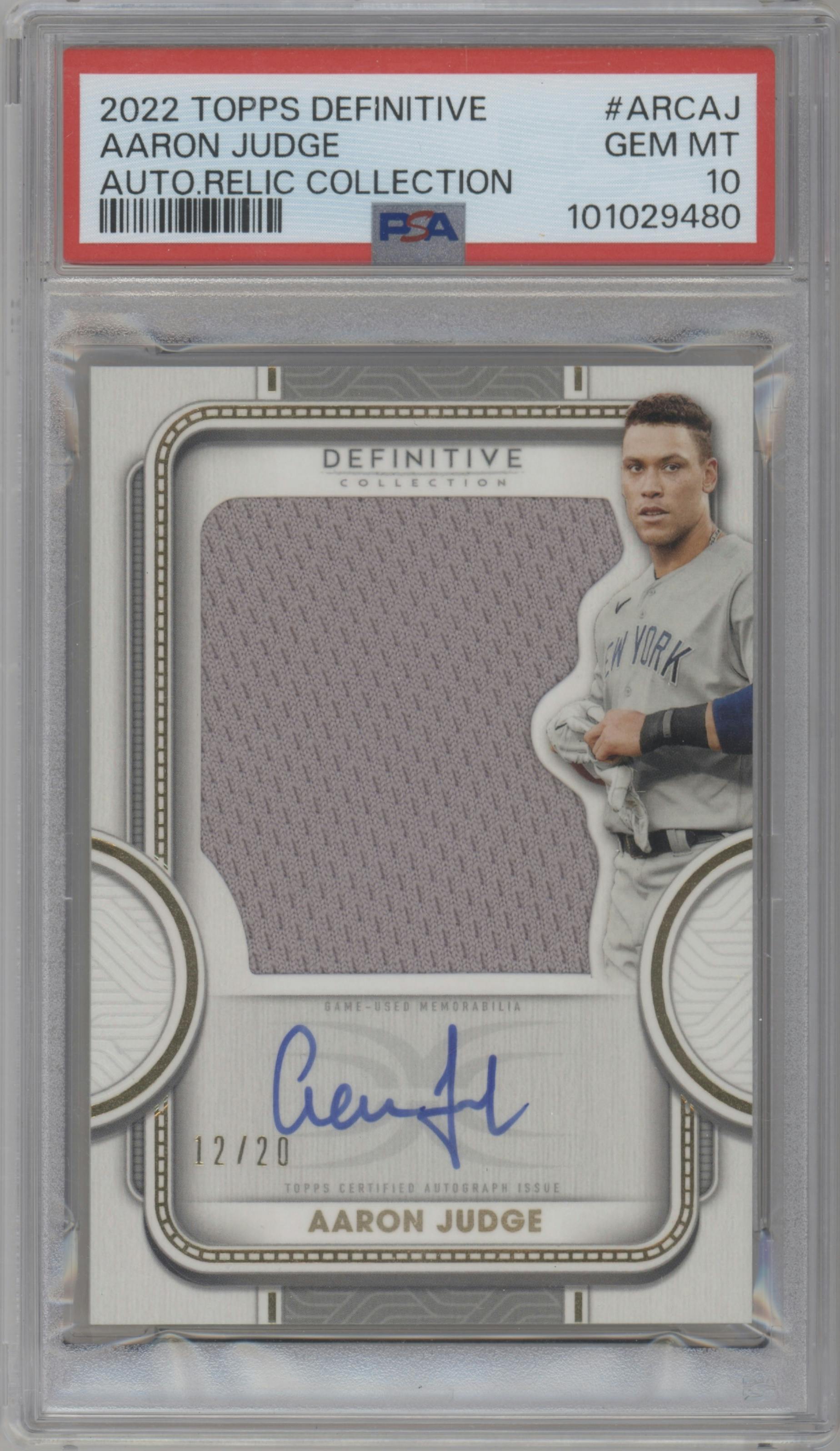 Aaron Judge from the 2022 Topps Definitive Collection set graded by PSA and given an overall grade of 10.