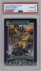 LeBron James from the 2024-25 Donruss Optic set graded by PSA and given an overall grade of 10.