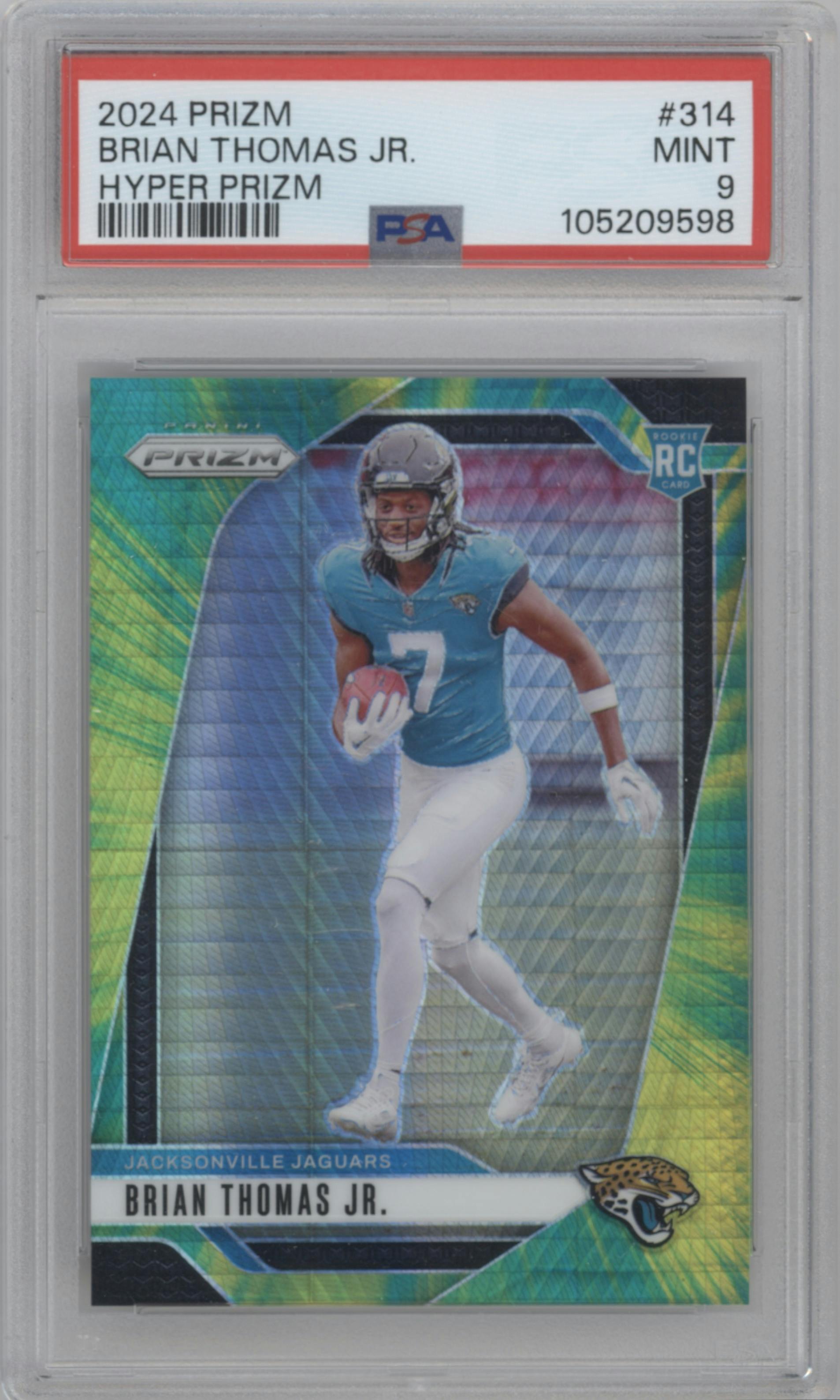 Brian Thomas Jr. from the 2024 Panini Prizm set featuring a Hyper parallel graded by PSA and given an overall grade of 9.