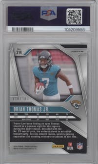 Brian Thomas Jr. from the 2024 Panini Prizm set featuring a Hyper parallel graded by PSA and given an overall grade of 9.