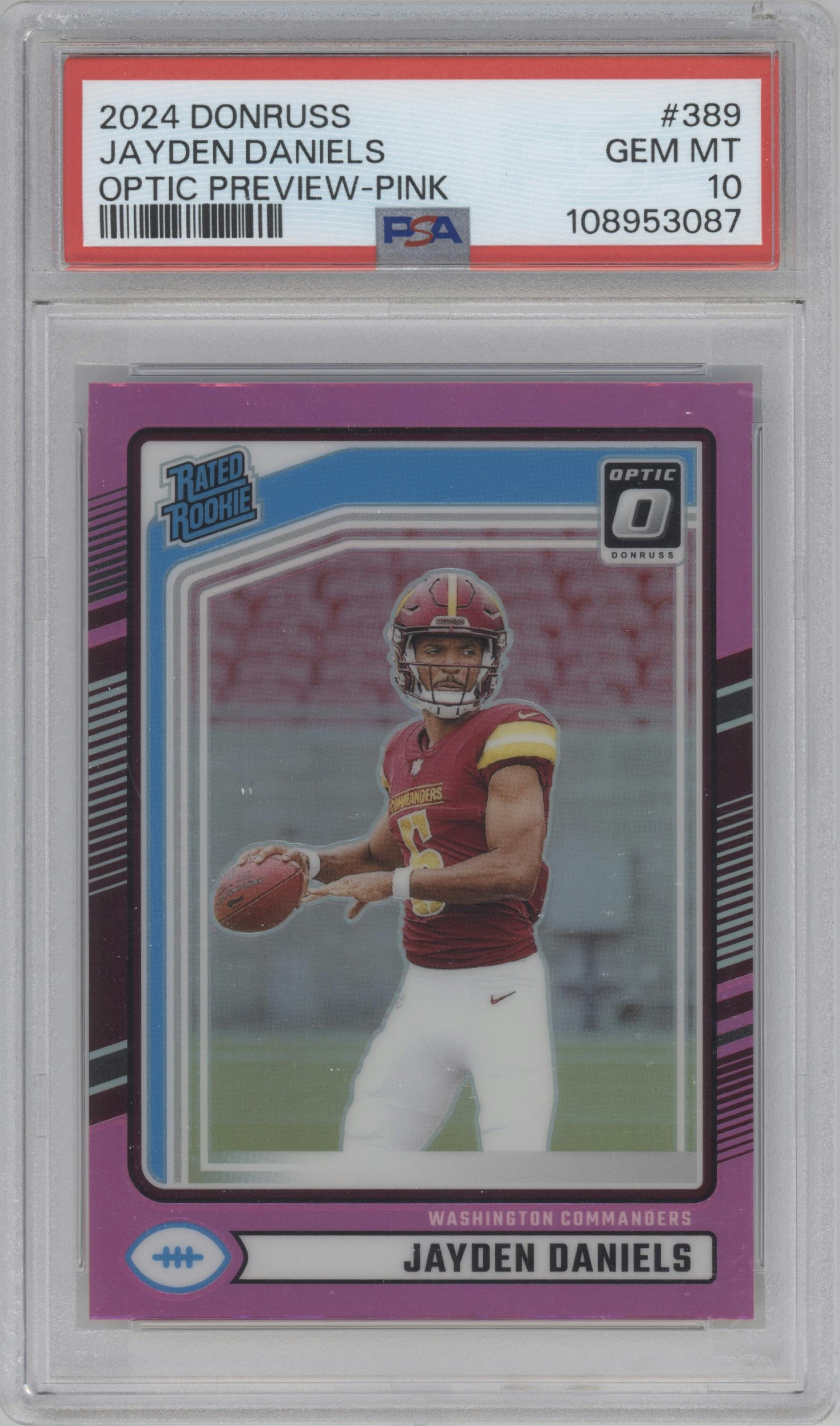 Jayden Daniels from the 2024 Donruss set featuring a Pink parallel graded by PSA and given an overall grade of 10.