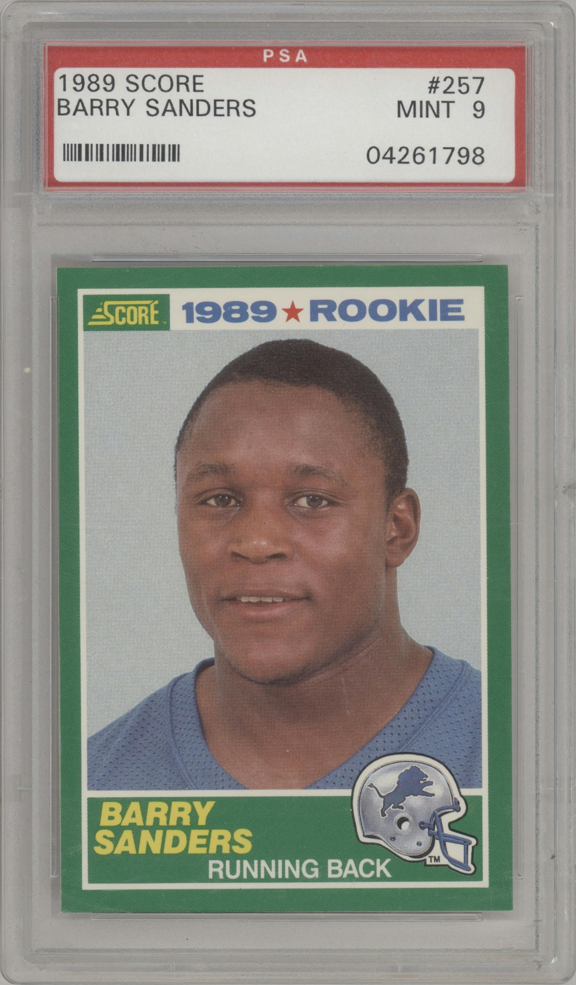 Barry Sanders from the 1989 Score set graded by PSA and given an overall grade of 9.